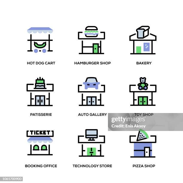 store building line icon set - fish monger stock illustrations