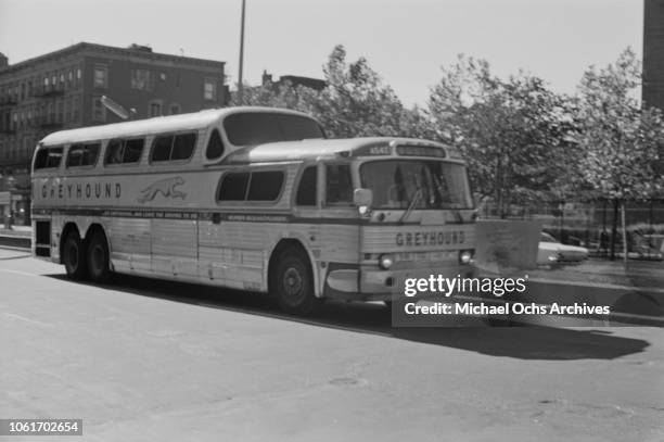 Greyhound Bus arrives in Harlem, New York City, circa 1968.