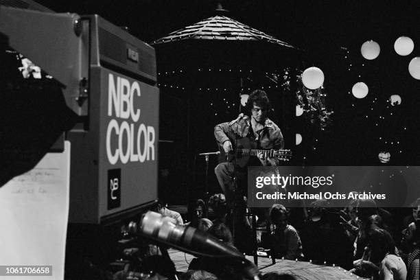 American country singer Larry Gatlin appears on Johnny Cash's television show at the NBC studios, USA, 11th December 1973.