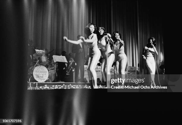 American vocal group Patti LaBelle and the Bluebelles perform at the Apollo Theater in New York City, circa 1965.