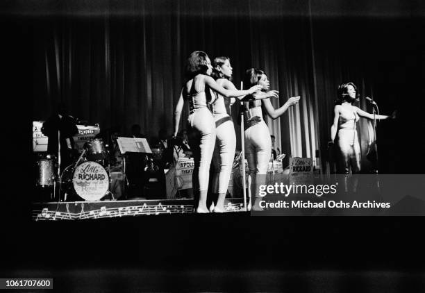 American vocal group Patti LaBelle and the Bluebelles perform at the Apollo Theater in New York City, circa 1965.