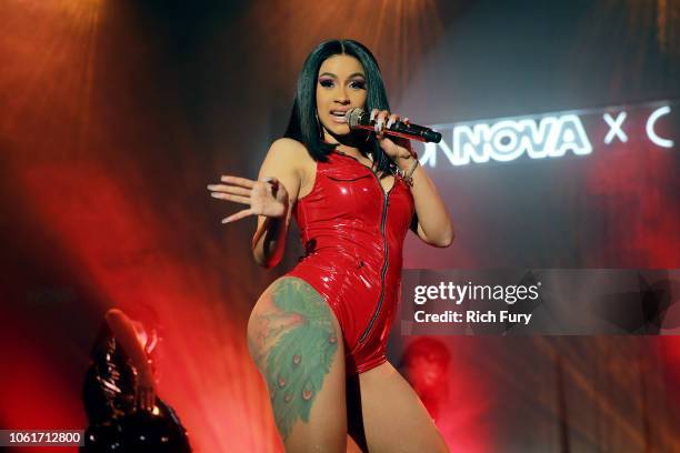 Cardi B performs onstage during the Fashion Nova x Cardi B Collaboration Launch Event at Boulevard3 on November 14, 2018 in Hollywood, California.