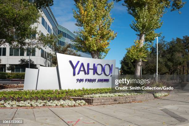 Sign with logo at entrance to regional headquarters of Internet company Yahoo in the Silicon Valley town of Sunnyvale, California, October 28, 2018.