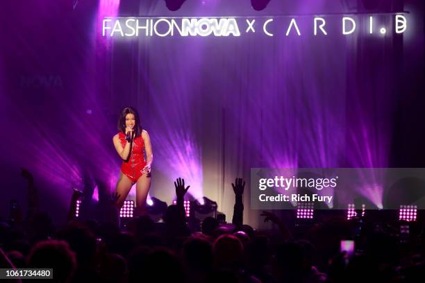 Cardi B performs onstage during the Fashion Nova x Cardi B Collaboration Launch Event at Boulevard3 on November 14, 2018 in Hollywood, California.