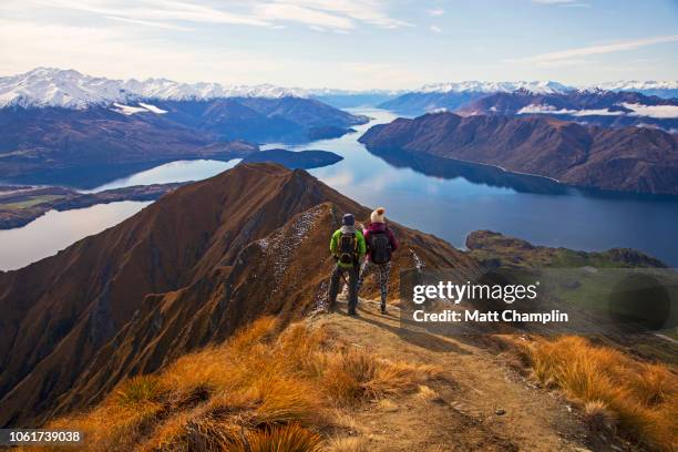 women at summit of mt. roy in new zealand - people new zealand stock-fotos und bilder