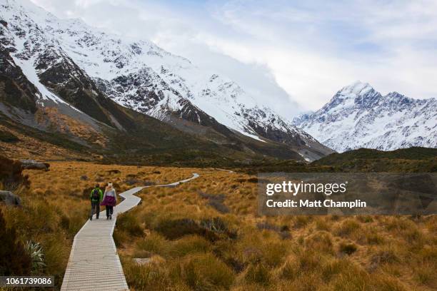 women hiking in new zealand in mt. cook national park - mt cook national park bildbanksfoton och bilder