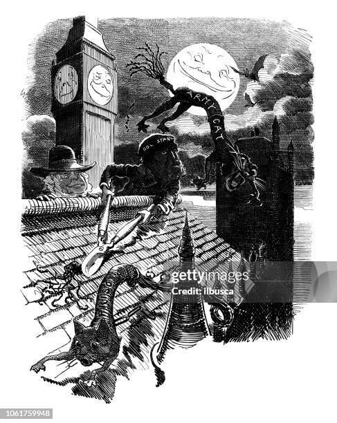 british london satire caricatures comics cartoon illustrations: monsters - clock tower night stock illustrations