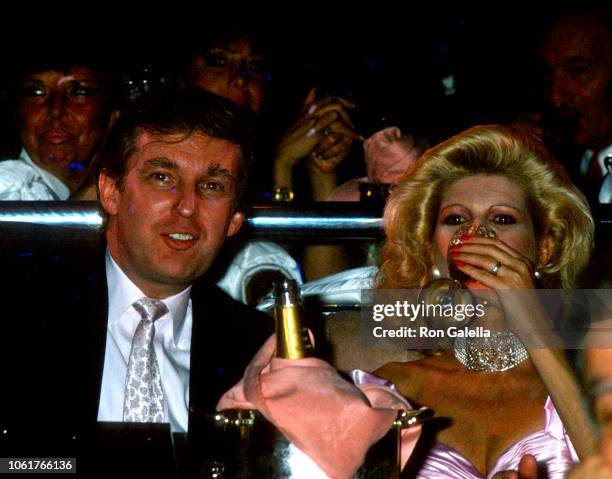 Close-up of married couple American real estate developer Donald Trump and Czech socialite Ivana Trump as they attend Donald Trump's 42nd birthday...