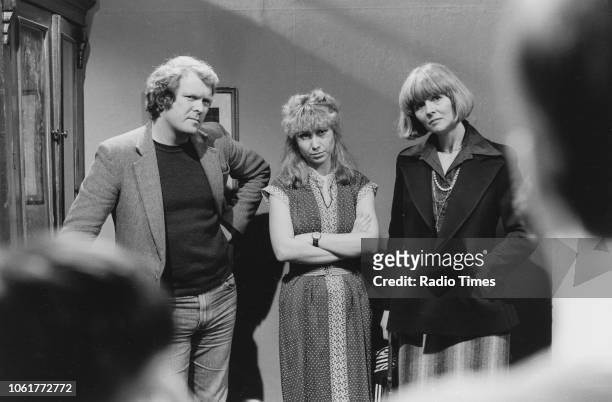 Actors Richard Briers, Felicity Kendal and Angela Thorne in a scene from episode 'Our Speaker Today' of the television sitcom 'The Good Life',...