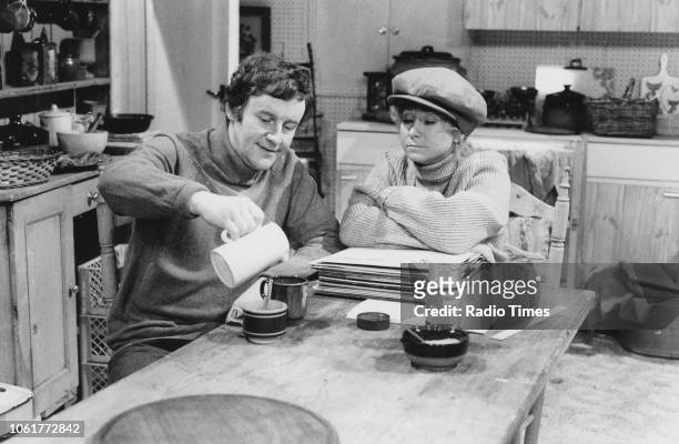 Actors Richard Briers and Felicity Kendal in a scene the television sitcom 'The Good Life', March 20th 1977.