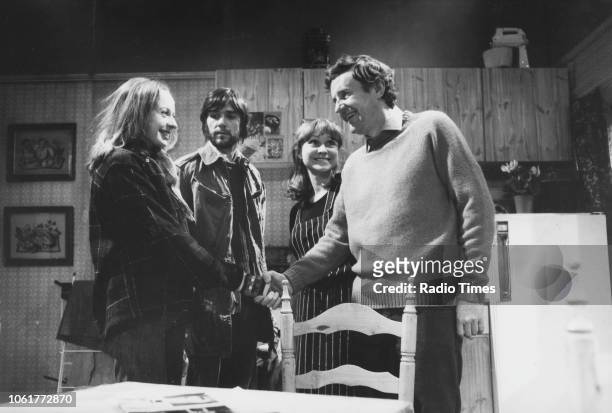 Actors Irene Richard, Bruce Bould, Felicity Kendal and Richard Briers in a scene episode 'The Guru of Surbiton' of the television sitcom 'The Good...