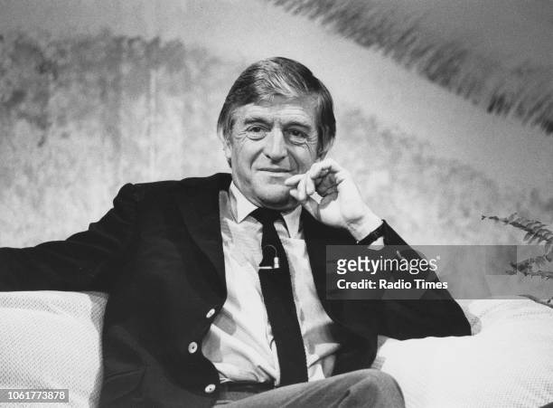 Presenter Michael Parkinson pictured on the set of a television show, May 6th 1985.