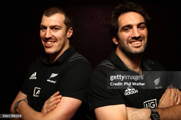 Brodie Retallick and Sam Whitelock pose during a New Zealand All Black media session at the Crowne Plaza on November 15, 2018 in Dublin, Ireland .