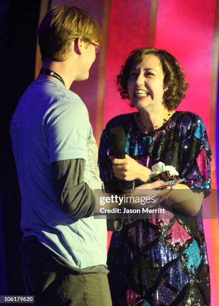 Hosts Kurt Braunohler and Kristen Schaal on stage during The Andy Kaufman Award at HBO & AEG Live's "The Comedy Festival" 2007 at Caesars Palace on...