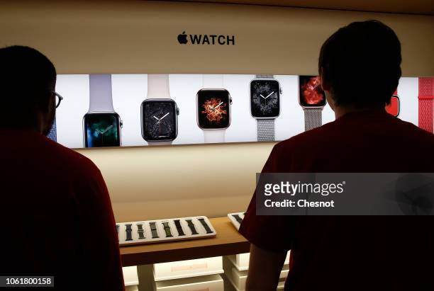 Signage for Apple Watch is displayed during the press visit of the new Apple Store Champs-Elysees on November 15, 2018 in Paris, France. Apple will...