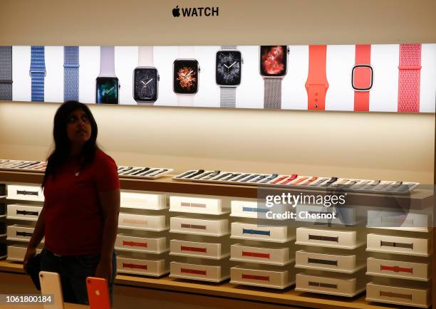 Signage for Apple Watch is displayed during the press visit of the new Apple Store Champs-Elysees on November 15, 2018 in Paris, France. Apple will...