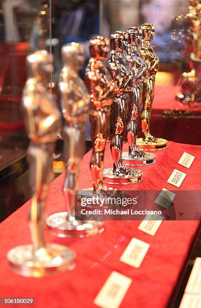 General view of Oscar statuettes at the 2008 "Meet The Oscars" press preview display in New York City's Times Square Studios on February 15, 2008.