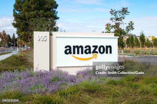 Sign with logo for ecommerce company Amazon at the company's regional headquarters in the Silicon Valley town of Sunnyvale, California, October 28,...