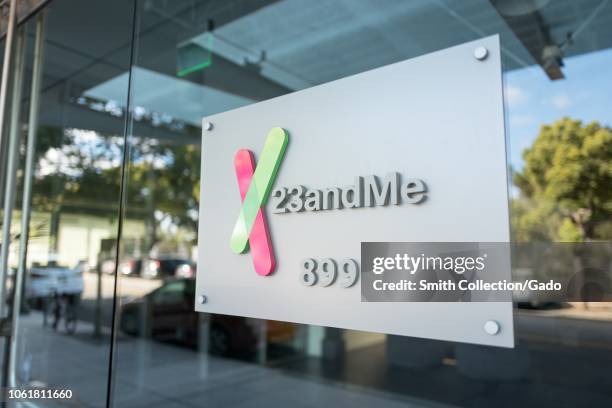 Sign on facade of the headquarters of personal genomics company 23AndMe in the Silicon Valley town of Mountain View, California, October 28, 2018.