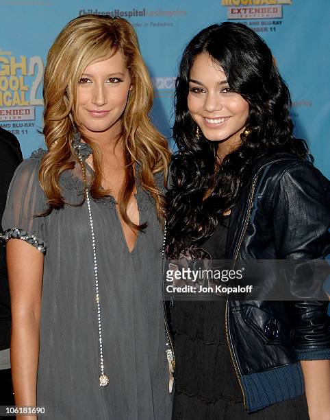Actress Ashley Tisdale and actress Vanessa Hudgens arrive at the premiere "High School 2: Extended Edition DVD Release" at the El Capitan Theater on...