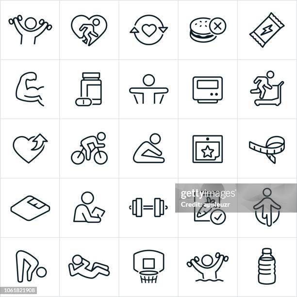 ilustraciones, imágenes clip art, dibujos animados e iconos de stock de iconos de fitness y ejercicio - brazo pesa