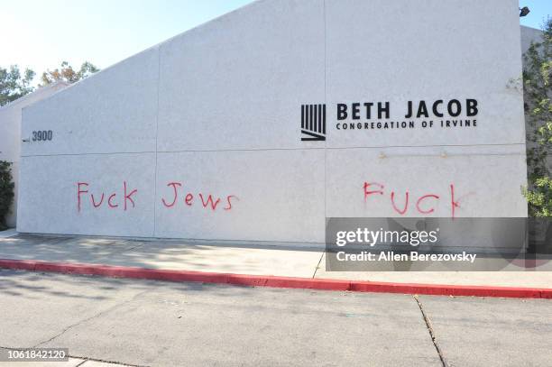 Anti-Semitic graffiti is written on the Beth Jacob Congregation of Irvine on October 31, 2018 in Irvine, California. Antisemitism in the United...