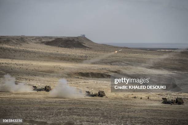 Egyptian rocket launchers take part in the Arab Shield joint military exercises at Mohamed Naguib military base in El-Hamam near the Mediterranean...