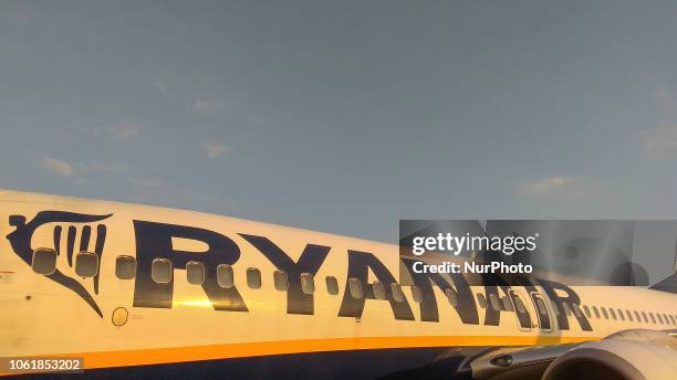 Passengers boarding on the Boeing 737-800 aircraft of the low cost airline carrier Ryanair in Thessaloniki Macedonia Airport, Greece. Ryanair is a...