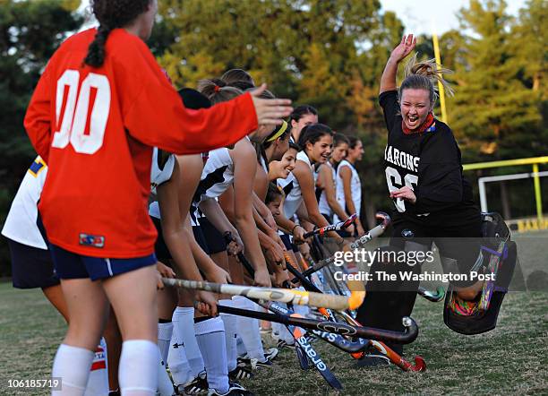 September 7: Bethesda-Chevy Chase goalie Melissa Jaskiewicz, right, runs past her teammates during introductions before the game at Bethesda-Chevy...