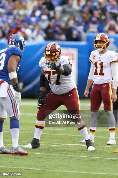 Guard Shawn Lauvao of the Washington Redskins in action against the New York Giants during their game at MetLife Stadium on October 28, 2018 in East...