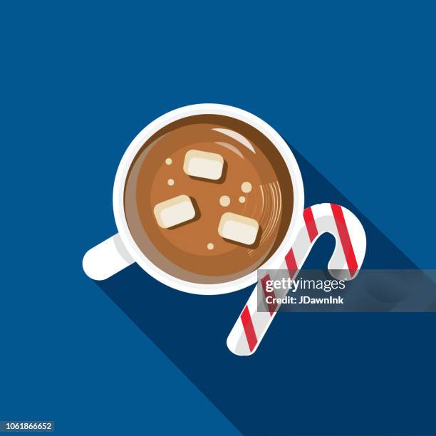 christmas flat design icon high angle view hot chocolate with marshmallows and candy cane - hot chocolate stock illustrations
