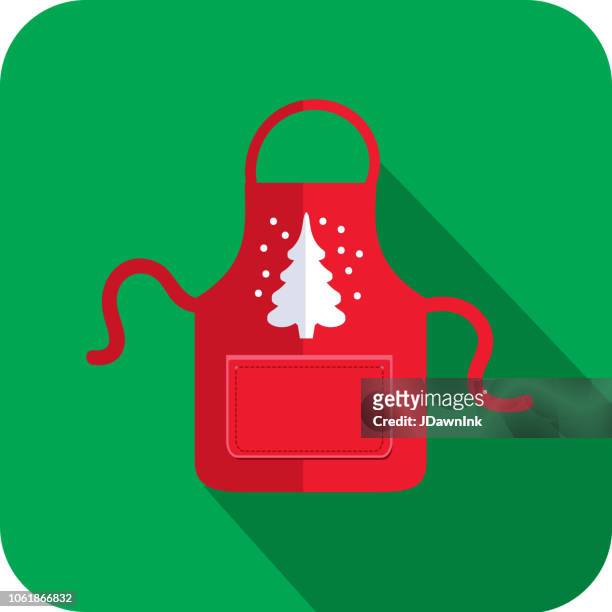ilustraciones, imágenes clip art, dibujos animados e iconos de stock de delantal de navidad plano diseño icono rojo con el árbol de navidad blanco - cocinero navidad