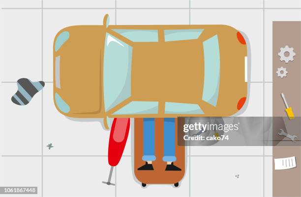 car mechanic under the car - protective workwear automobile industry stock illustrations