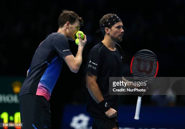 Jamie Murray(GBR0 and Bruno Soares against Raven Klaasen and Michael Venus during Day One Doubles Lleyton Hewitt of the Nitto ATP World Tour Finals...