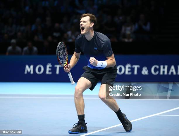 Jamie Murray celebrates Match Point against Raven Klaasen and Michael Venus during Day One Doubles of the Nitto ATP Finals played at The O2 Arena,...