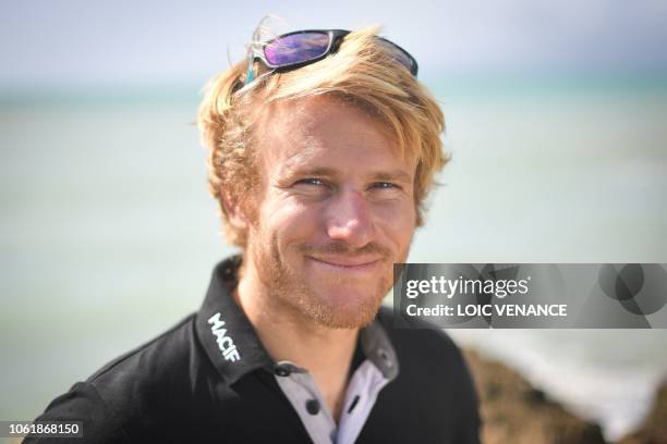 French skipper Francois Gabart poses on November 14, 2018 in Le Gosier, on the French Island of Guadeloupe, after placing second with his Ultim...