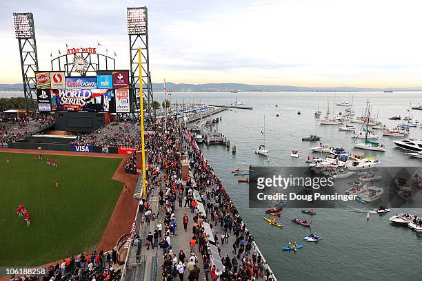Boaters and fans congregate in McCovey Cove outside of AT&T Park prior to Game One of the 2010 MLB World Series between the Texas Rangers and the San...