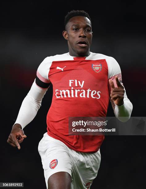 Danny Welbeck of Arsenal runs for the ball during the Carabao Cup Fourth Round match between Arsenal and Blackpool at Emirates Stadium on October 31,...