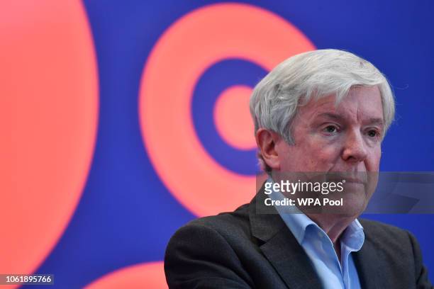 Director-General of the BBC Tony Hall listens during a visit by Prince William, Duke of Cambridge to BBC Broadcasting House on November 15, 2018 in...