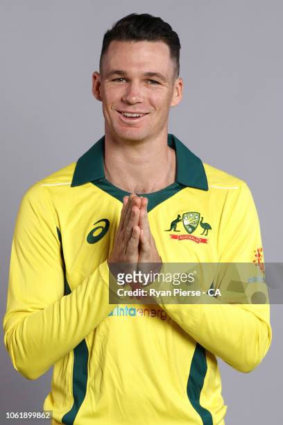 Peter Handscomb of Australia poses during the Australian Men's One Day International Squad Headshots Session on September 17, 2018 in Brisbane,...