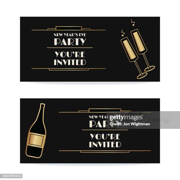 art deco banners / cards - champagne and flutes with text - gatsby stock illustrations