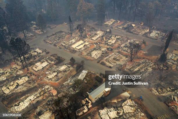 An aerial view of a neighborhood destroyed by the Camp Fire on November 15, 2018 in Paradise, California. Fueled by high winds and low humidity the...