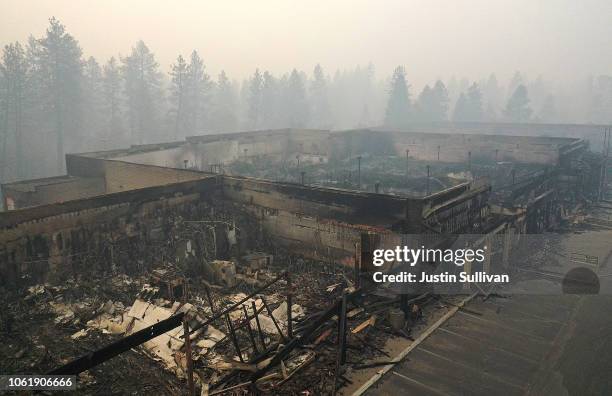 An aerial view of a shopping center destroyed by the Camp Fire on November 15, 2018 in Paradise, California. Fueled by high winds and low humidity...