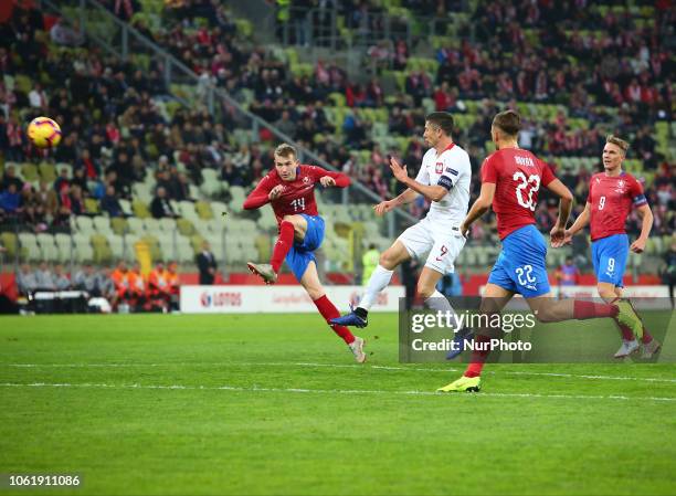 Jakub Jankto Robert Lewandowski Filip Novak during the international friendly soccer match between Poland and Czech Republic at Energa Stadium in...