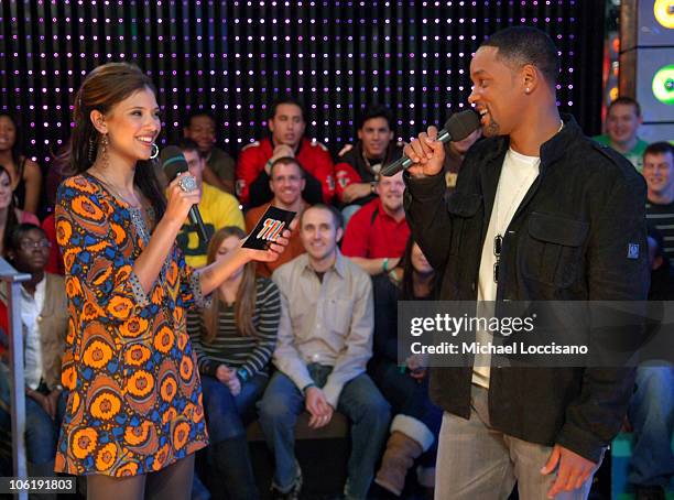 Lyndsey Rodrigues and actor Will Smith attend MTV's "TRL" at the MTV Studios in Time Square on December 11, 2007 in New York City.