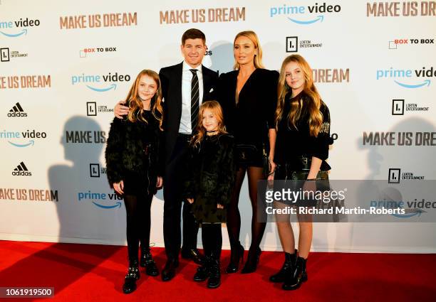 Steven and Alex Gerrard and their daughters Lourdes, Lexie and Lilly-Ella arrive at the Premiere of 'Make Us Dream' at FACT on November 15, 2018 in...