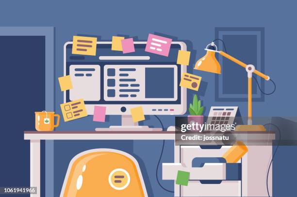 cluttered workplace with computer pasted over with stickers. - messy table stock illustrations