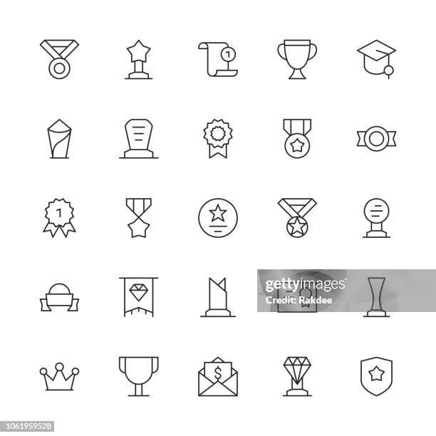 auszeichnung und trophy ikonen - thin line serie - sockel stock-grafiken, -clipart, -cartoons und -symbole