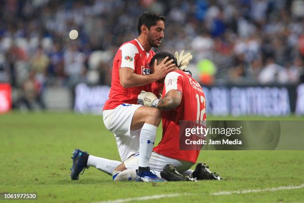 Goalkeepers Jesus Corona and Guillermo Allison of Cruz Azul celebrate after winning the Final match between Monterrey and Cruz Azul as part of the...