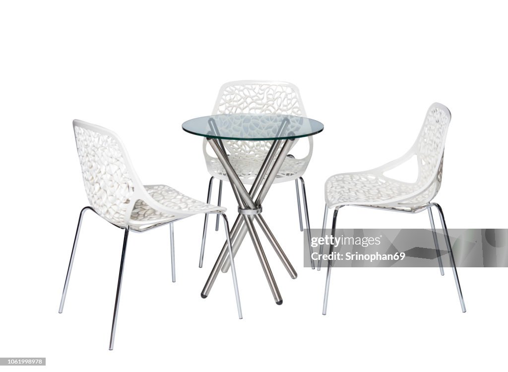 Modern Chair and Home Office Desk Decorated on White Background. Table and Modern Furniture for Office, Coffee Shop, Beauty Salon, Home Kitchen, Design Stage